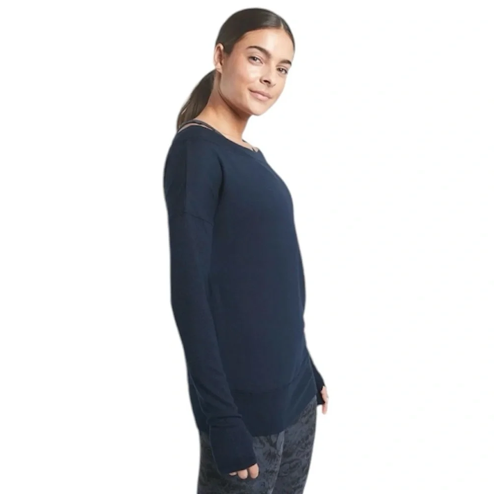 Athleta Studio Barre Sweatshirt Medium Long Sleeve Top Blue Off The Shoulder - Picture 5 of 8